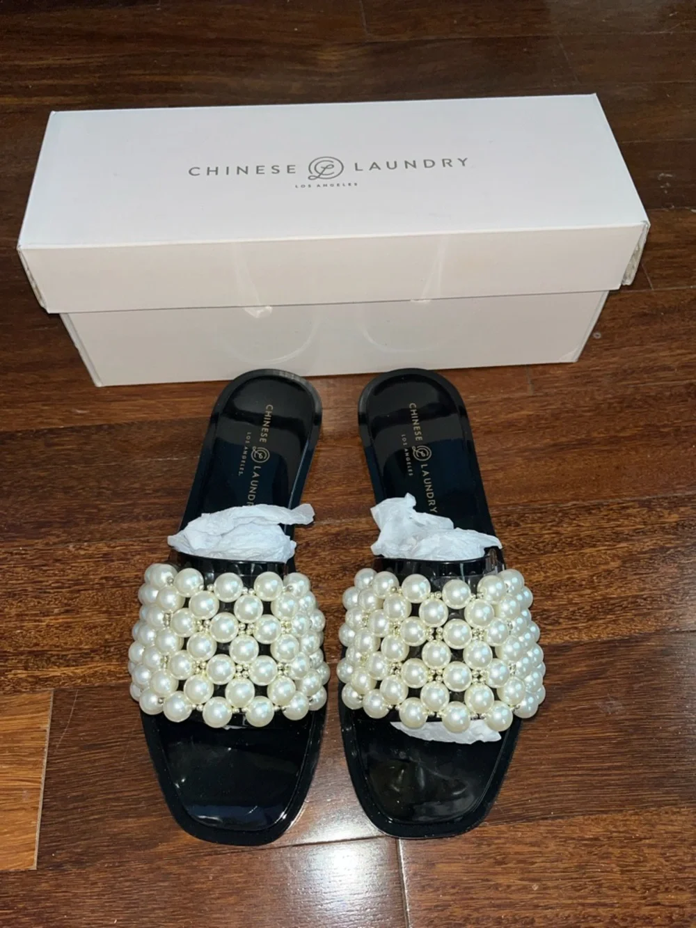 Chinese Laundry Black Slide Sandal with Pearl Embellishment. Size 7. Never worn